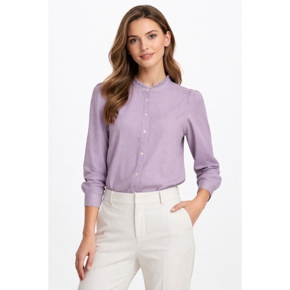 LOFT Purple White Striped Ruffle Collar Button Down Blouse L Preppy Chic 84-34